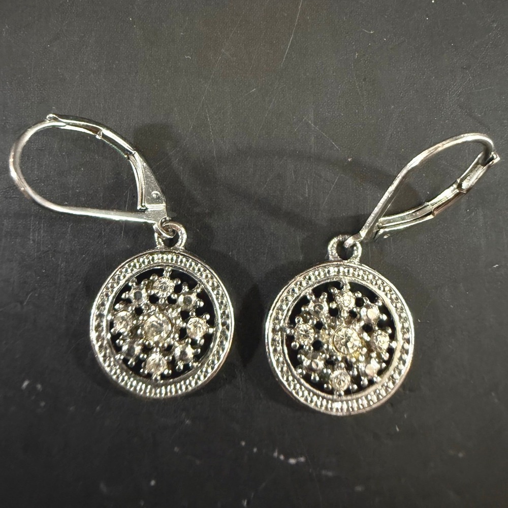 Silver Rhinestone Mini Medallion Drop Earrings